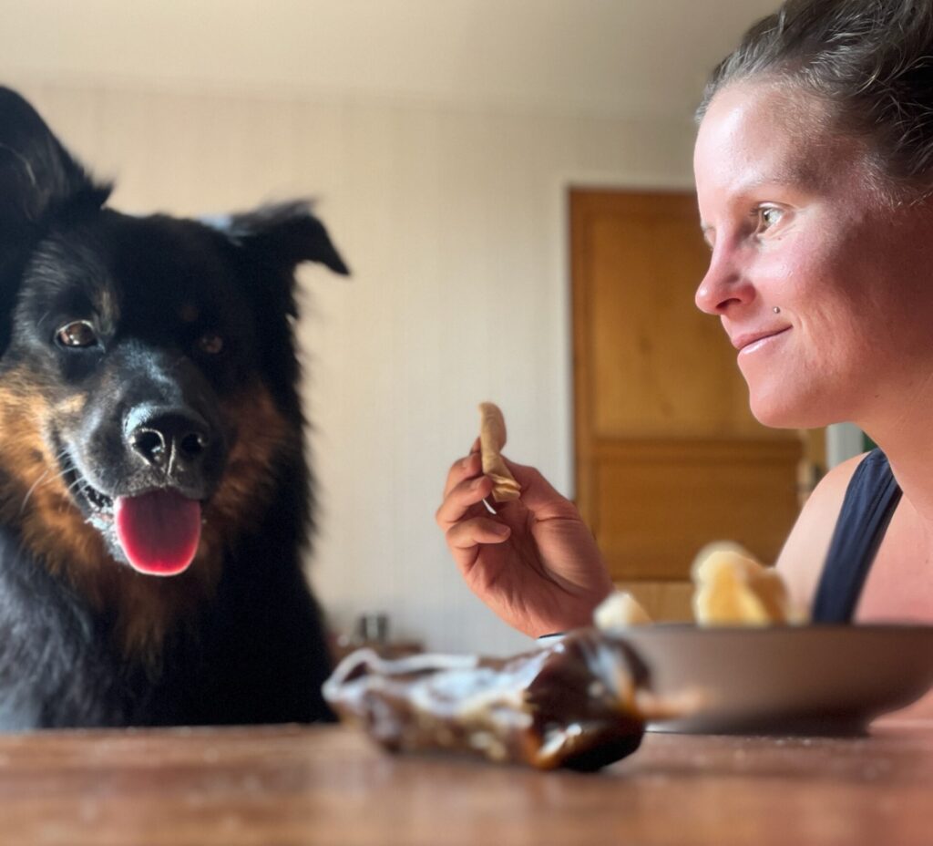 Hundeernährung: Linda sitzt am Tisch und hat etwas in der Hand, ein Kauknochen liegt auf dem Tisch. Akay schaut auf den Kauknochen